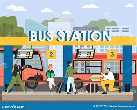 Bus Station Terminal, Flat Vector Illustration. Passengers with Book ...