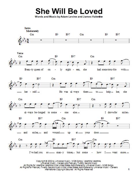 Maroon 5 "She Will Be Loved" Sheet Music Notes | Download Printable PDF ...