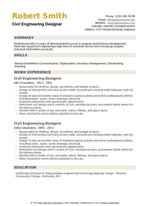 Civil Engineering Designer Resume Samples | QwikResume