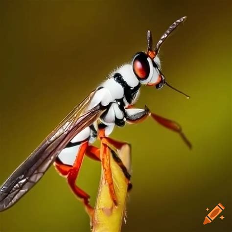 Close-up of a white wasp with orange-brown wings and black spikes on abdomen on Craiyon