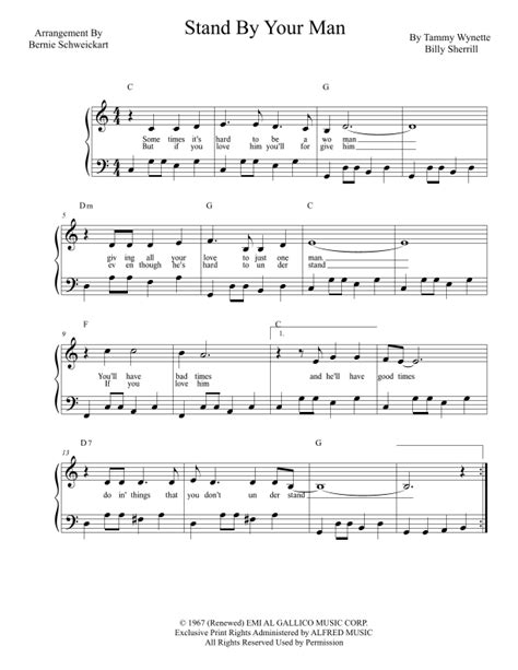 Stand By Your Man (arr. Bernie Schweickart) by Billy Sherrill Sheet Music for Piano, Vocal ...