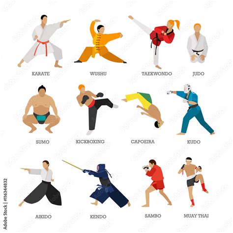 Vector set of martial arts people silhouette isolated on white background. Sport fighters ...