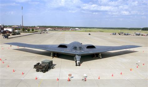 U.S. Air Force B-2 Spirit stealth bomber sitting on the flight line at Langley Air Force Base ...