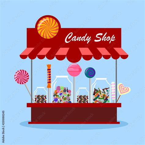 Candy shop, store in city. Sweet candies in glass jar isolated on background. Lollipop ...