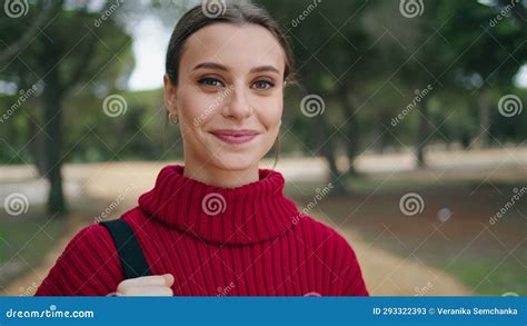 Portrait Young Woman Standing in Front Green Forest Wearing Red Sweater. Stock Image - Image of ...