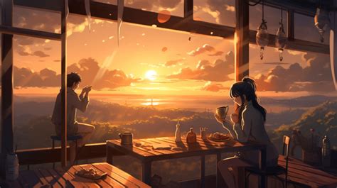 An Anime Couple Sitting In Front Of A Window Watching The Sunset Inside ...