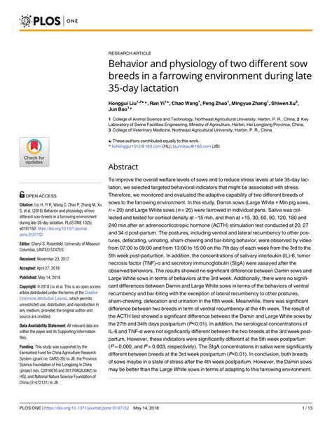 (PDF) Behavior and physiology of two different sow breeds in a farrowing environment during late ...