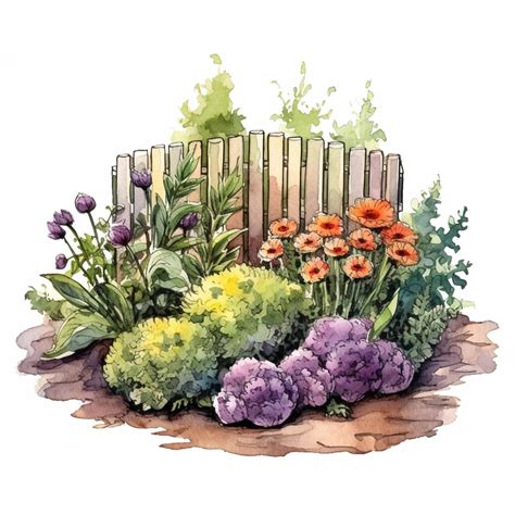 Premium AI Image | A watercolor drawing of a garden with a fence and flowers