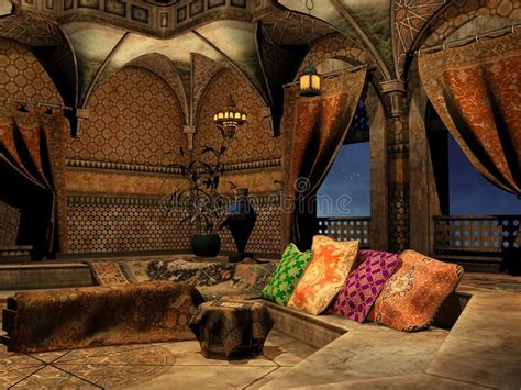 Arabian palace interior. Fantasy arabian palace interior with pillows ...