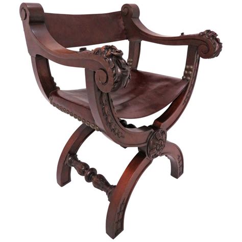 Antique 19th Century Carved Mahogany Curule Chair with Leather Slings ...