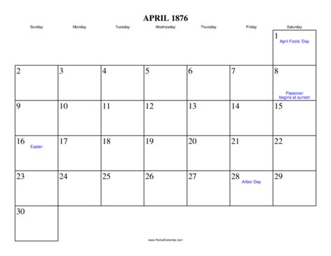 April 1876 Calendar