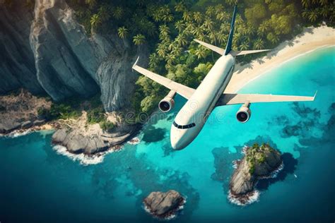 Plane Flying Above Tropical Resort, Jet is Over Sea Beach and Rainforest, Generative AI Stock ...