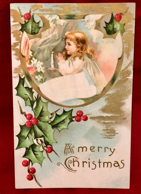 Vintage Used Christmas Postcard with Victorian Child in Prayer Circa 1912