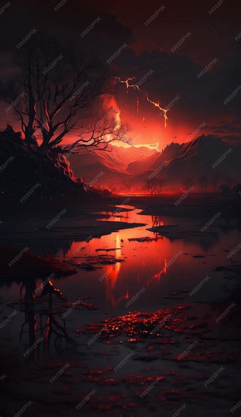 Premium AI Image | A red lightning storm over a lake