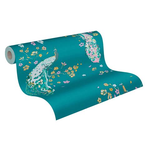 floral wallpaper with birds - wallpaper peacock turquoise yellow - floral wallpaper designer ...