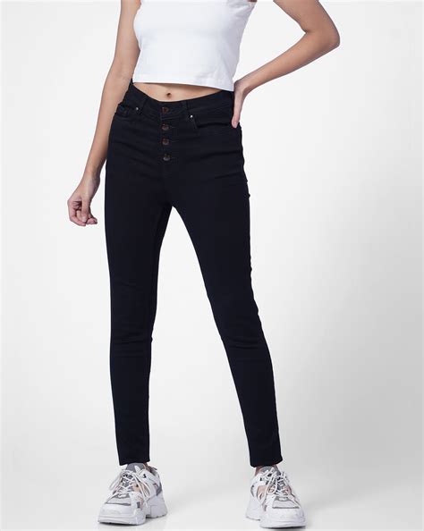 Black High Rise Button Detail Skinny Jeans