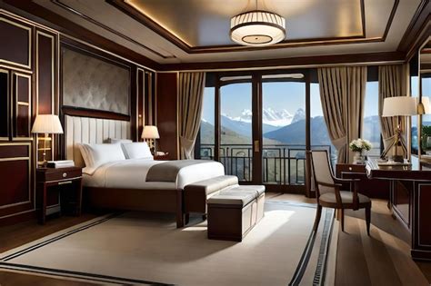 Premium AI Image | A hotel room with a view of mountains and mountains