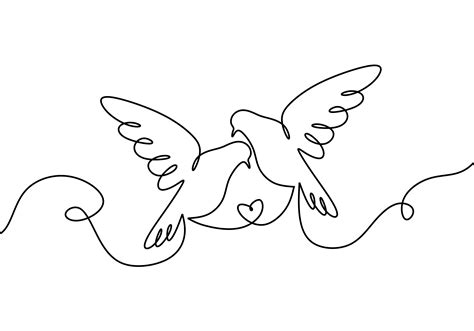 Couple of birds in love. One continuous line drawing, two flying dove ...