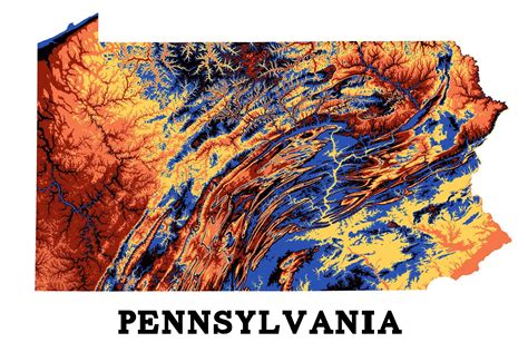 Pennsylvania Topography, 250 ft contours, artistic interpretation, 5 colors repeating : Pennsylvania