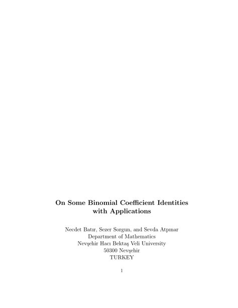 (PDF) On Some Binomial Coefficient Identities with Applications