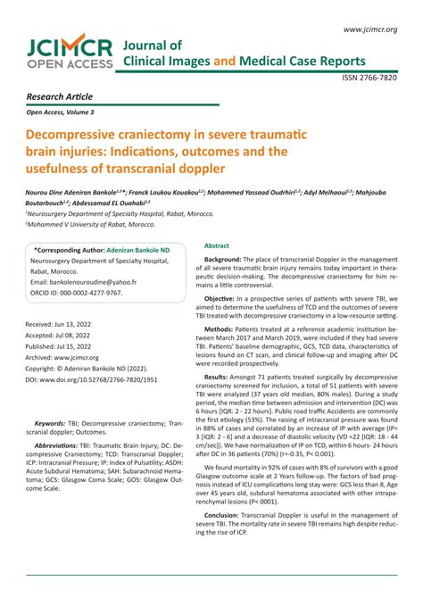 (PDF) Decompressive craniectomy in severe traumatic brain injuries: Indications, outcomes and ...