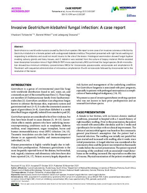 (PDF) Invasive Geotrichum klebahnii fungal infection: A case report