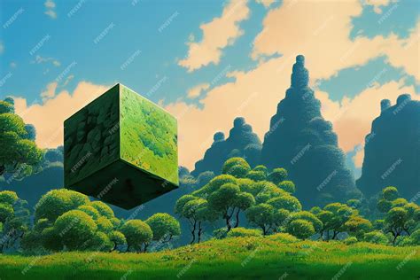 Premium AI Image | A painting of a green cube in a field with trees and ...