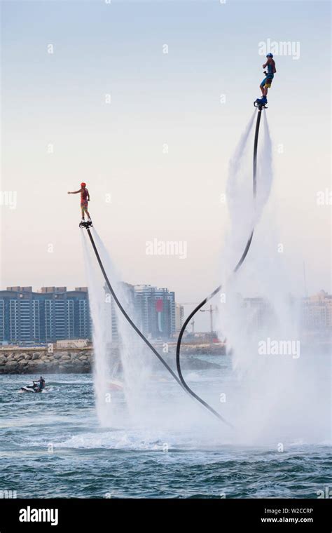 UAE, Dubai, Dubai Marina, Jumeirah Beach, water jet pack stunt flyers ...