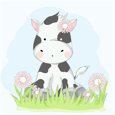 cute baby cow with flower cartoon hand drawn style.vector illustration ...