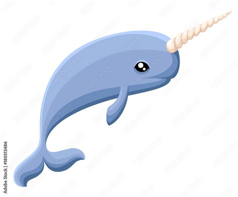 Cute cartoon magic narwhal with horn, funny unicorn whale drawing. cartoon character flat Web ...