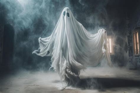 Human in spooky ghosts costume flying inside the old house or forest at ...