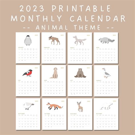 Printable Animal Calendar 2023 2023 Calendar Monthly - Etsy | Printable blank calendar, Blank ...