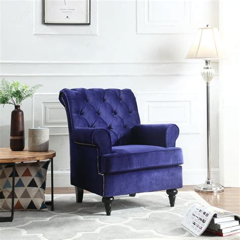 Traditional Tufted Velvet Fabric Accent Chair, Living Room Armchair with Nailheads, Royal Blue ...