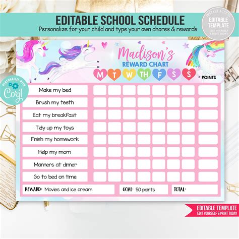 Unicorn Reward Chart EDITABLE Template Reward Chart for - Etsy Ireland