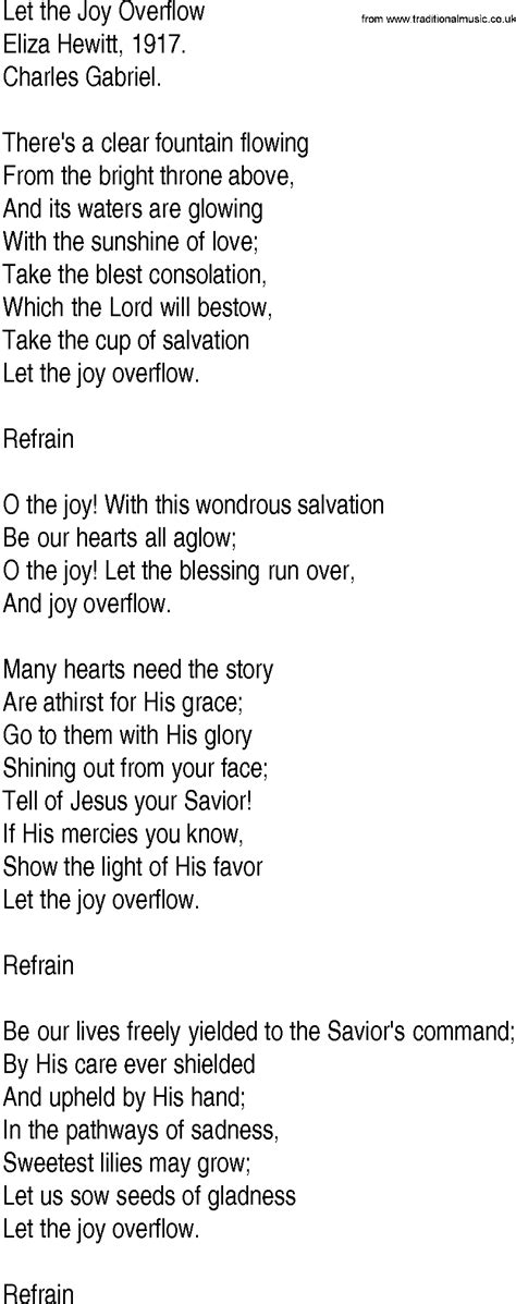 Hymn and Gospel Song Lyrics for Let the Joy Overflow by Eliza Hewitt