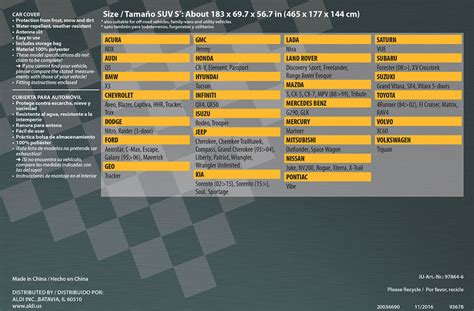 Auto XS Car or SUV Cover: Size Charts | Aldi Reviewer