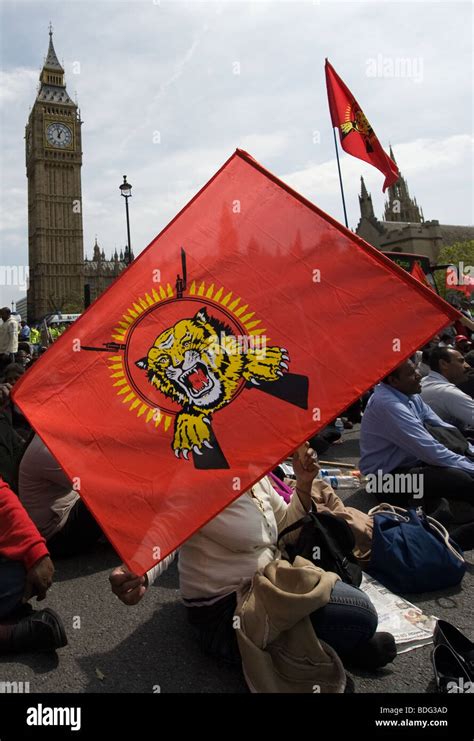 Demonstrators with a National flag of Tamil Eelam protest calling for ...