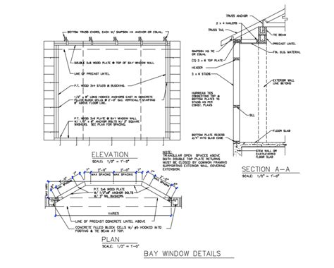 Bay window elevation, plan and section structure details dwg file - Cadbull