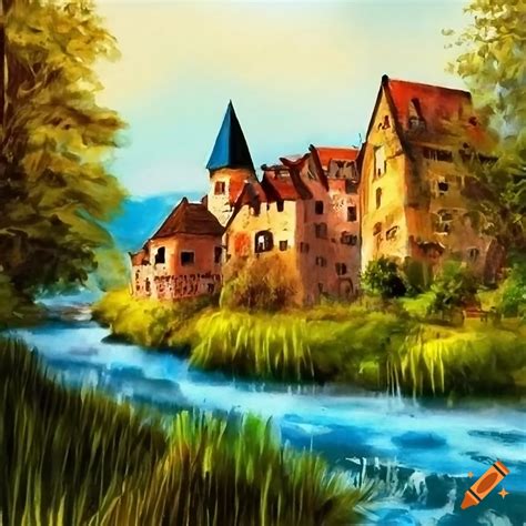 Medieval european houses by a river in a scenic painting on Craiyon