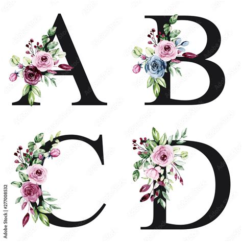 Floral alphabet, letters A, B, C, D with watercolor flowers roses and leaves. Monogram initials ...