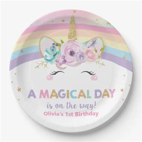 Cute Rainbow Unicorn Birthday Party Paper Plates | Zazzle