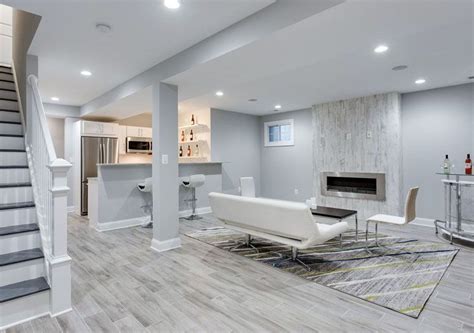 Modern Basement Living Room with Small Kitchen