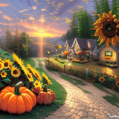 Thomas Kinkade Thanksgiving Harvest Sunflower Pumpkins · Creative Fabrica