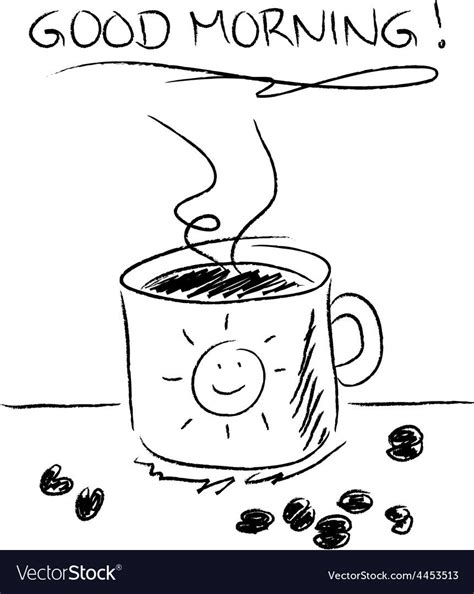 Morning coffee concept with simple drawn mug and beansblack and white ...