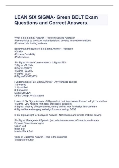 LEAN SIX SIGMA- Green BELT Exam Questions and Correct Answers. - SIX SIGMA - Stuvia US