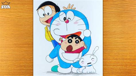 How to draw Doraemon, Nobita, Shinchan and Shiro together step by step ...