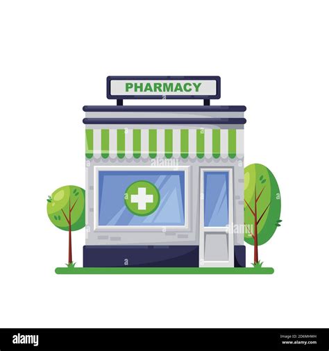 Drugstore building, isolated on white background. Green pharmacy store ...