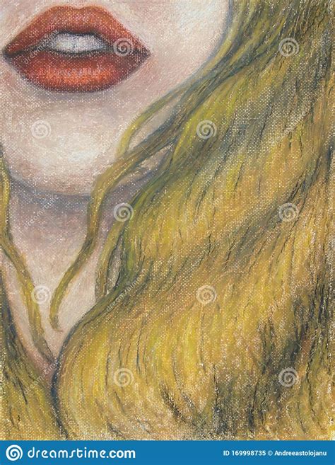 Oil Pastels Painting on Canvas of Woman with Orange Lips and Long Blond Hair, Drawing of Closeup ...
