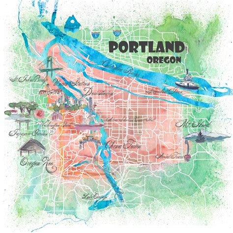 Portland Oregon Illustrated Map with Main Roads Landmarks and | Etsy