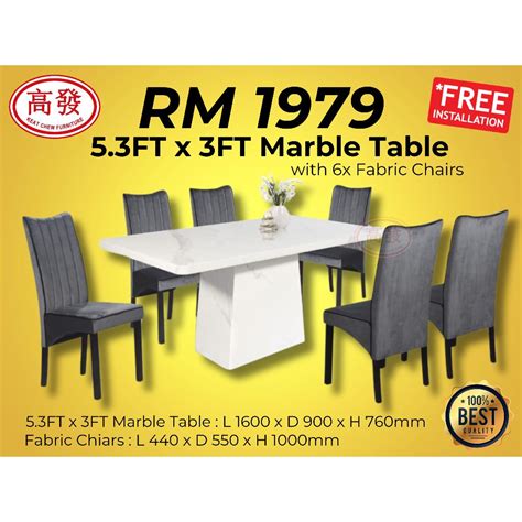 5.3FT x 3FT Marble Dining Set Marble Dining Table + 6x Fabric Chiars Meja Makan 6 kerusi Marble ...